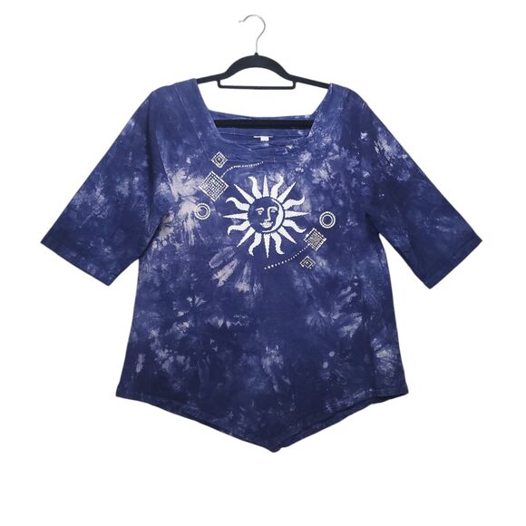 Celestial Tops - S Batik Tie Dye Sun Moon Blouse Square Neck 3/4 Sleeve Indigo Blue Celestial